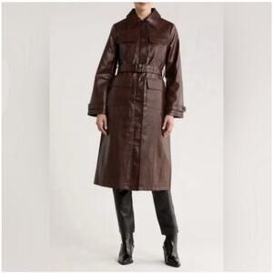 Jason Wu Brown Women’s Croc Embossed Faux Leather Long Trench Coat Jacket Sz:L